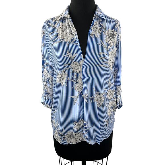ZARA Blue White S Blouse Striped Floral 3/4 Sleeve Button Up Collar Regular Fit - Picture 1 of 7